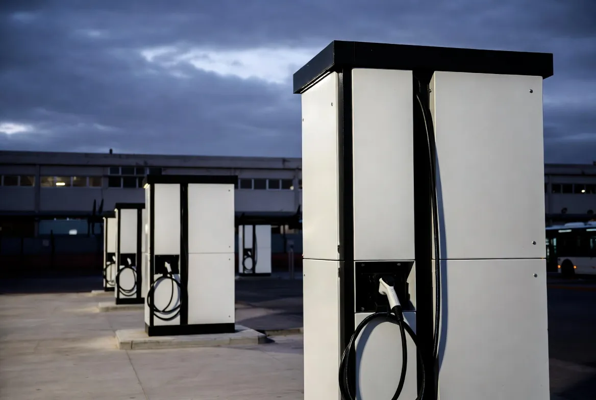 Cargadores de flota eléctrica al atardecer